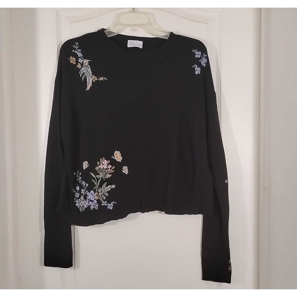 RED Valentino Black Floral Embroidered Long Sleeve Sweater